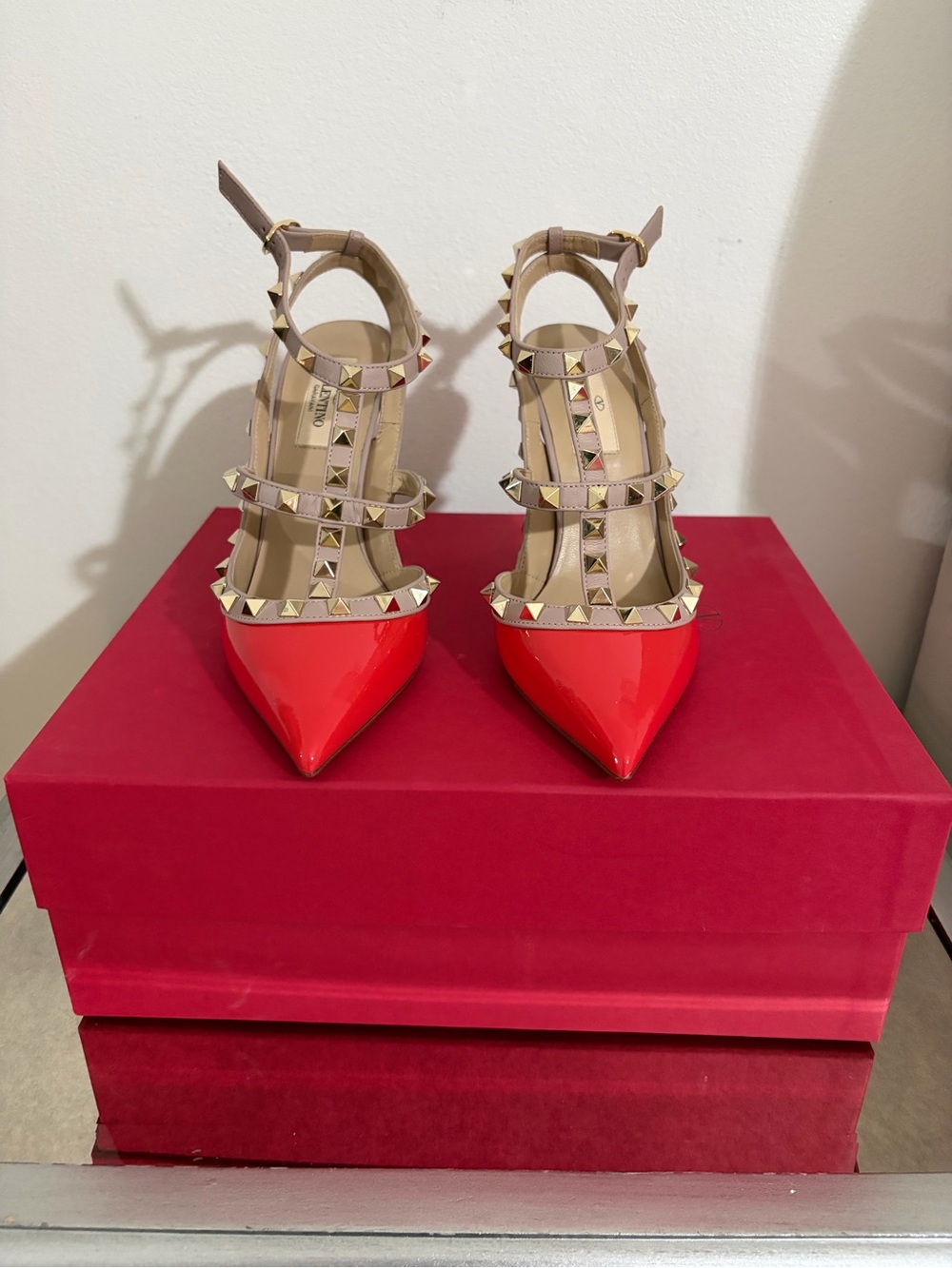Valentino Women’s Studded Pointed-Toe T-Strap Pump in Deep Orange and Nude